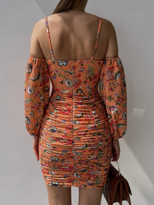 Çiçekli Göğüs Kısmı Düğüm Detaylı Drape Monere Kadın Somon Elbise 22Y000335