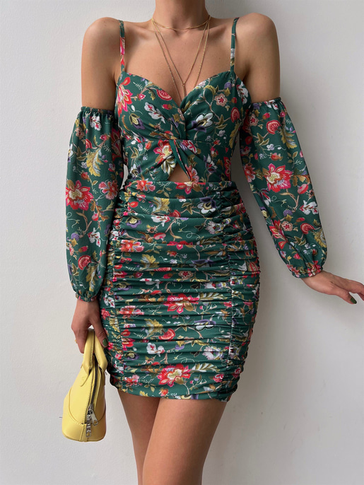 Çiçekli Göğüs Kısmı Düğüm Detaylı Drape Monere Kadın Yeşil Elbise 22Y000335