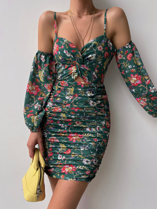 Çiçekli Göğüs Kısmı Düğüm Detaylı Drape Monere Kadın Yeşil Elbise 22Y000335