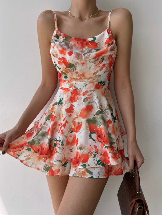 Çiçekli İnce Askılı Volanlı Solita Kadın Turuncu Şort Tulum 22Y000324