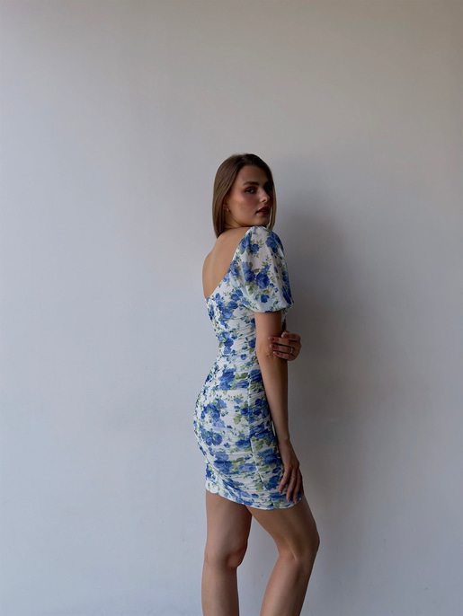 Çiçekli Kayık Yaka Önden Çapraz Şerit Detay Drapeli Italus Kadın Mavi Elbise 22Y000401