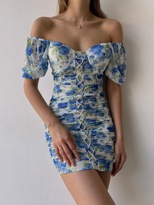 Çiçekli Kayık Yaka Önden Çapraz Şerit Detay Drapeli Italus Kadın Mavi Elbise 22Y000401