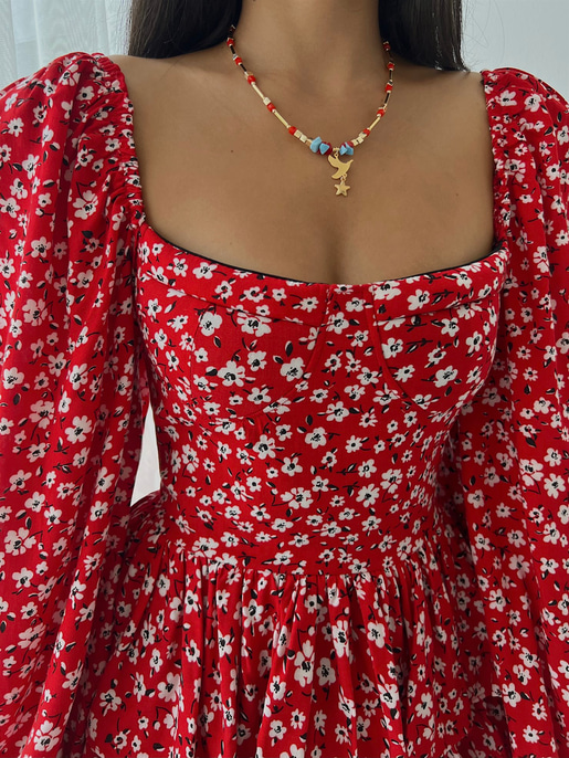 Çiçekli Lastik Omuz Fırfırlı Kare Yaka Livio Kadın Kırmızı Mini Elbise 22Y000500