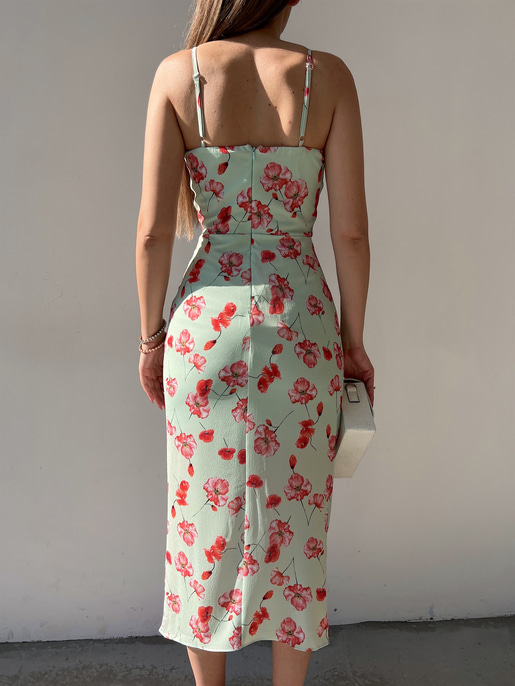 Çiçekli Önden Yırtmaçlı Drapeli Maxim Kadın Mint Renk Midi Elbise 22Y000202