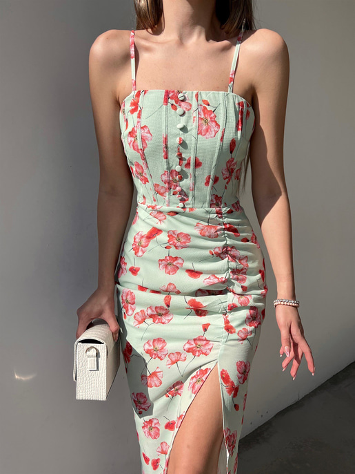 Çiçekli Önden Yırtmaçlı Drapeli Maxim Kadın Mint Renk Midi Elbise 22Y000202