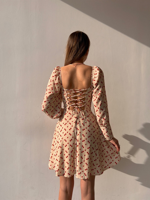Çiçekli Sırt Dekolteli Lorena Kadın Bej Mini Elbise 22K000580