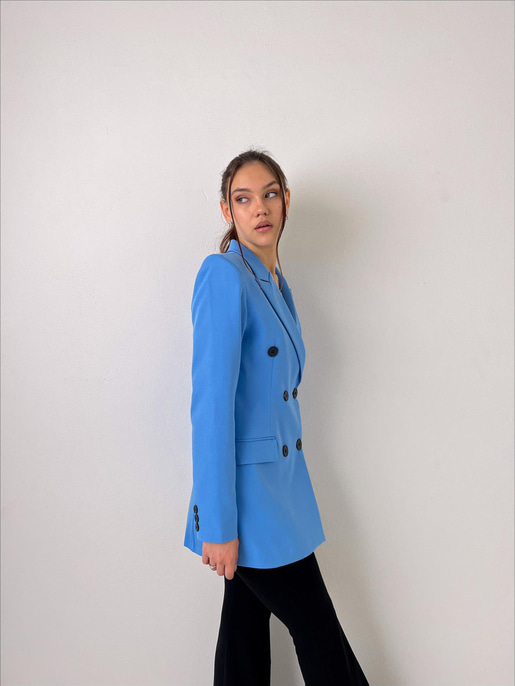 Çift Düğme Kapamalı Kruvaze Yaka Callie Kadın Mavi Blazer Ceket 23Y000019