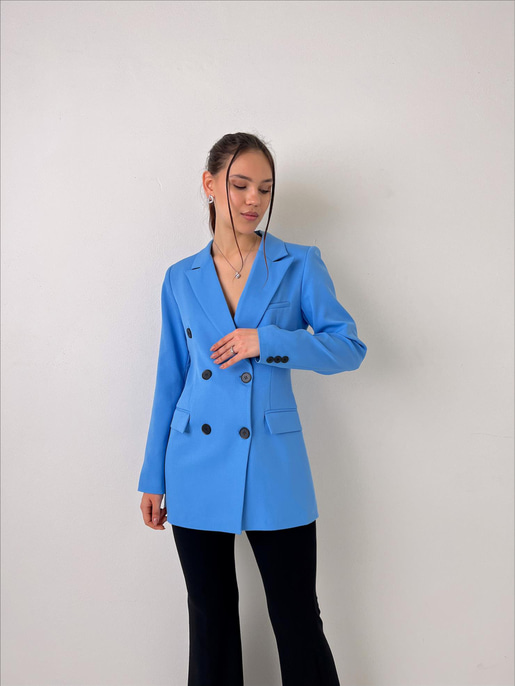 Çift Düğme Kapamalı Kruvaze Yaka Callie Kadın Mavi Blazer Ceket 23Y000019