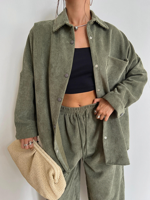 Çıtçıt Kapamalı Cepli Gömlek Beli Bağcıklı Şalvar Pantolon Dante Kadın Haki Kadife Takım 24k000045