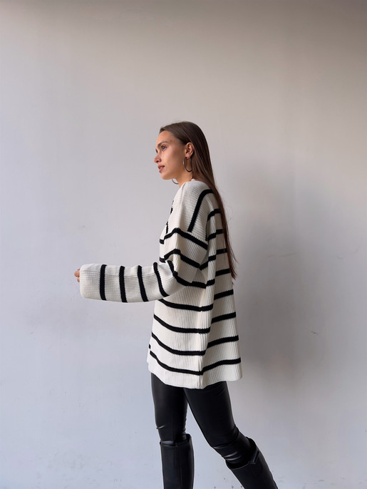 Çizgili Bisiklet Yaka Geniş Uzun Kadın Ekru Kazak 23K000194