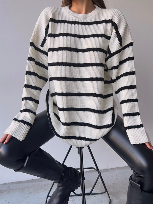 Çizgili Bisiklet Yaka Geniş Uzun Kadın Ekru Kazak 23K000194