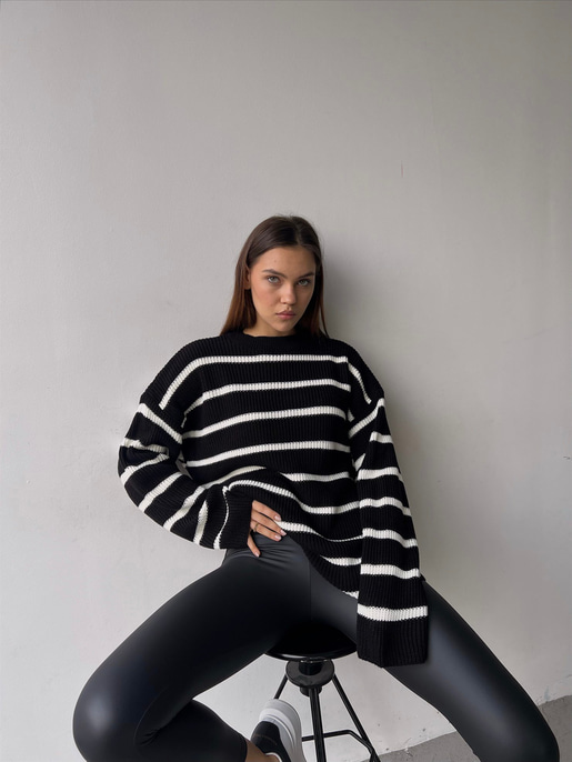 Çizgili Bisiklet Yaka Kazak 23K000194