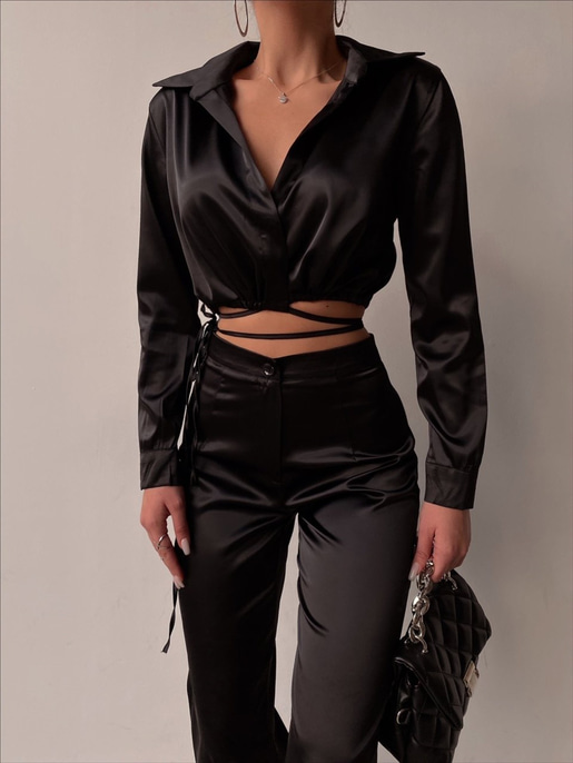 Crop Altı Bağcıklı Üst Geniş Paça Pantolon Greta Kadın Siyah İkili Takım 22K000367