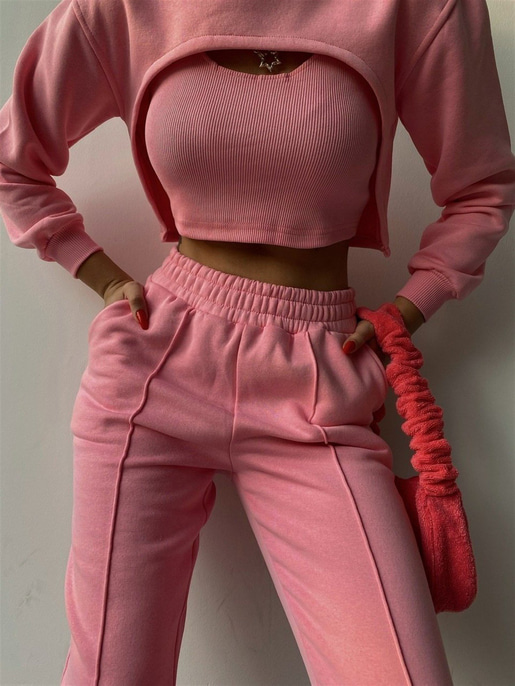 Crop atlet Bolero Sweat Lastik Bel Alt Elaina Kadın Pembe Üçlü Eşofman Takım 22K000322