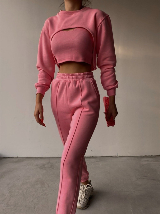 Crop atlet Bolero Sweat Lastik Bel Alt Elaina Kadın Pembe Üçlü Eşofman Takım 22K000322