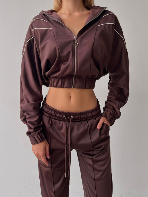 Crop Bel Lastikli Fermuarlı Sweat Lastik Paça Eşofman Altı Landolfo Kadın Kahve Eşofman Takımı 23K000052