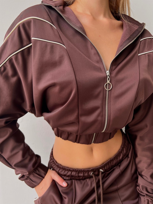 Crop Bel Lastikli Fermuarlı Sweat Lastik Paça Eşofman Altı Landolfo Kadın Kahve Eşofman Takımı 23K000052