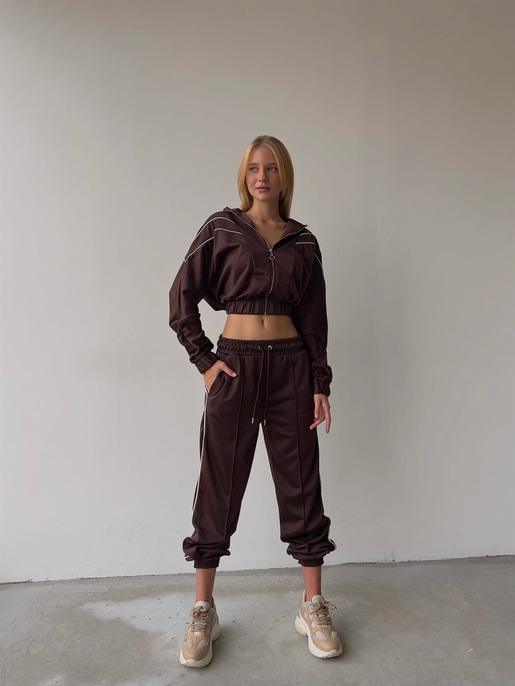 Crop Bel Lastikli Fermuarlı Sweat Lastik Paça Eşofman Altı Landolfo Kadın Kahve Eşofman Takımı 23K000052