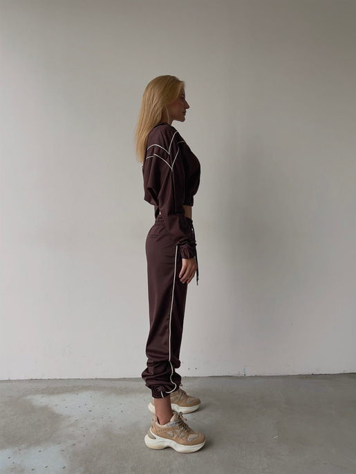 Crop Bel Lastikli Fermuarlı Sweat Lastik Paça Eşofman Altı Landolfo Kadın Kahve Eşofman Takımı 23K000052