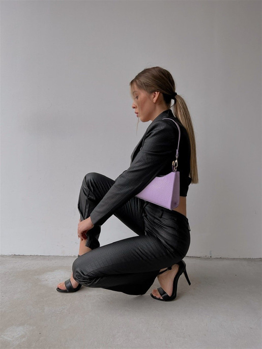 Crop İkili Deri Danniell Kadın Siyah Ceket Pantolon Takım 22K000464