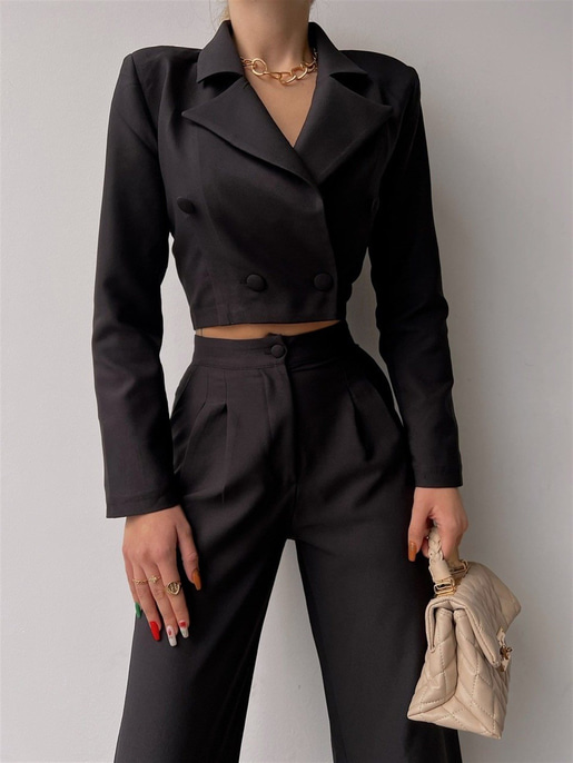 Crop Kruvaze Ceket Plazo Pntolon Vitale Kadın Siyah İkili Takım 22K000447