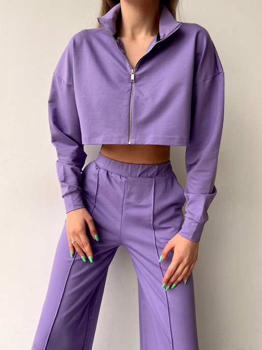Crop Sweat Lastikli Bol Paça Alt Kadın Lila Eşofman Takım 21Y000077