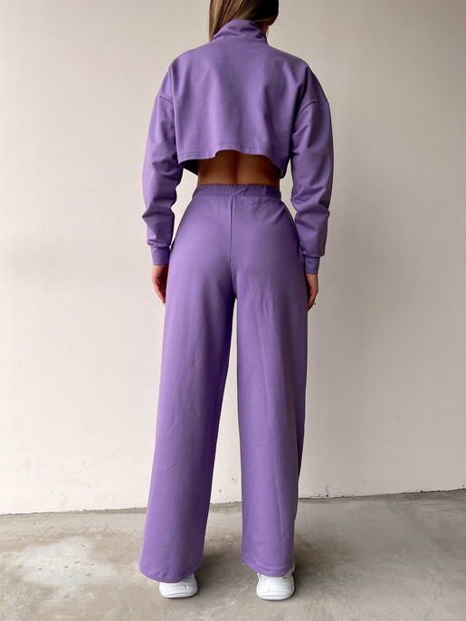 Crop Sweat Lastikli Bol Paça Alt Kadın Lila Eşofman Takım 21Y000077