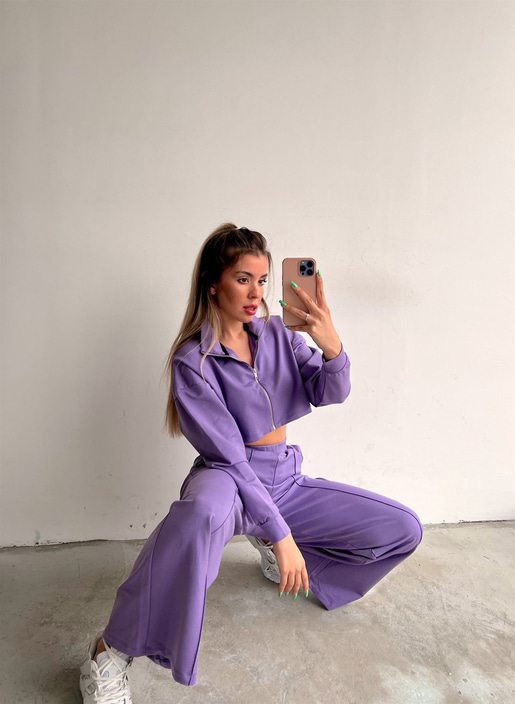 Crop Sweat Lastikli Bol Paça Alt Kadın Lila Eşofman Takım 21Y000077