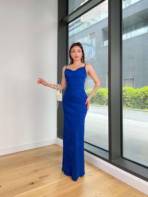 Degaje Yaka Askılı Piranda Desenli Saks Elbise 25Y336