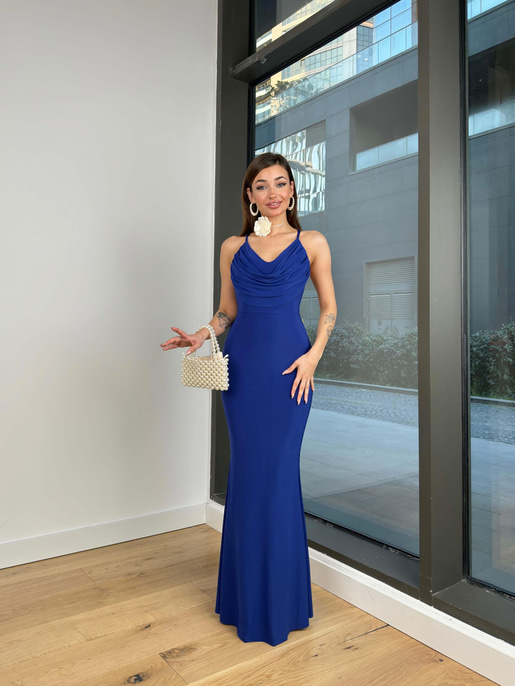 Degaje Yaka İnce Arkadan Çapraz Askılı Uliana Kadın Saks Elbise 23Y000152