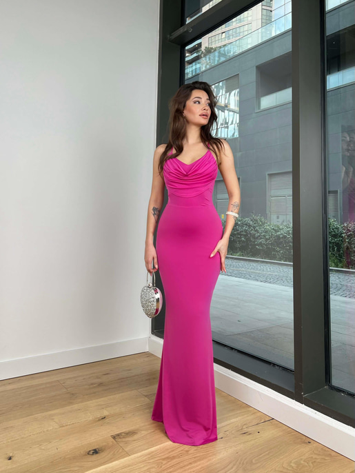 Degaje Yaka İnce Arkadan Çapraz Askılı Uliana Kadın Fuşya Elbise 23Y000152