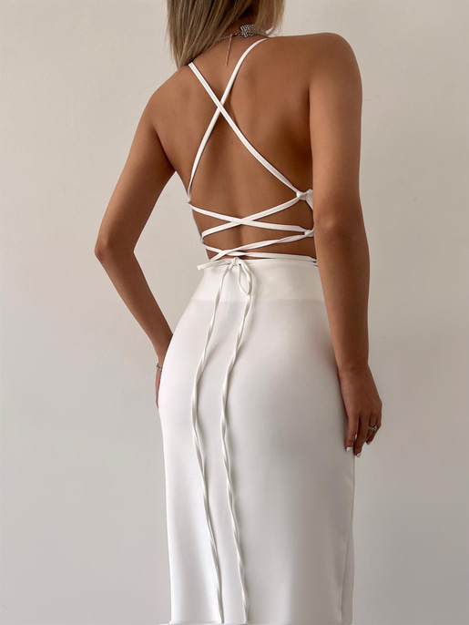 Derin V Yaka Askılı Arkadan Bağlama Detaylı Leni Kadın Ekru Midi Elbise 23Y000142