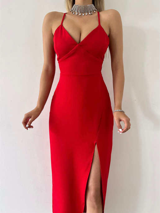 Derin V Yaka Askılı Arkadan Bağlama Detaylı Leni Kadın Kırmızı Midi Elbise 23Y000142