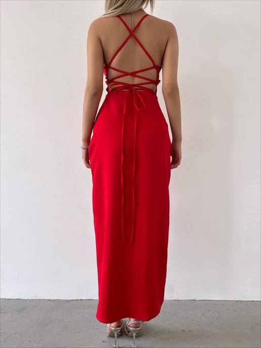 Derin V Yaka Askılı Arkadan Bağlama Detaylı Leni Kadın Kırmızı Midi Elbise 23Y000142
