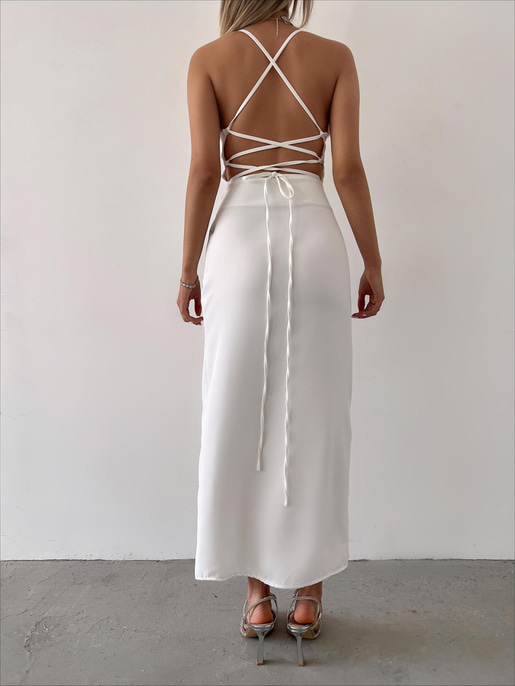 Derin V Yaka Askılı Arkadan Bağlama Detaylı Leni Kadın Ekru Midi Elbise 23Y000142