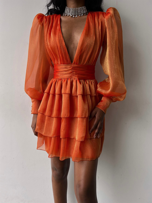 Derin V Yaka Belden Oturtmalı Tül Kol Crown Kadın Turuncu Fırfırlı Elbise 23K000314