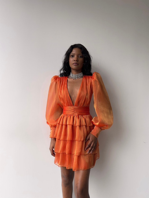 Derin V Yaka Belden Oturtmalı Tül Kol Crown Kadın Turuncu Fırfırlı Elbise 23K000314