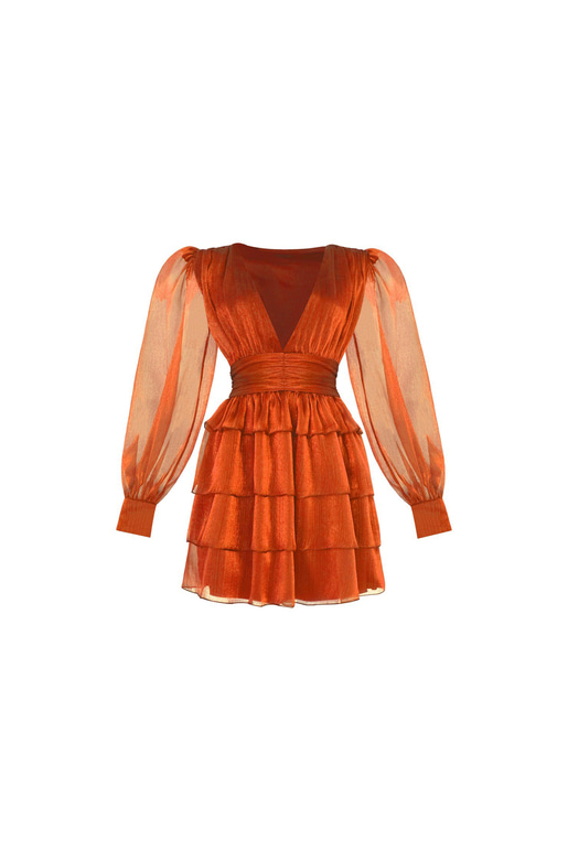 Derin V Yaka Belden Oturtmalı Tül Kol Crown Kadın Turuncu Fırfırlı Elbise 23K000314