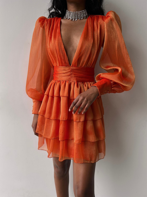 Derin V Yaka Belden Oturtmalı Tül Kol Crown Kadın Turuncu Fırfırlı Elbise 23K000314