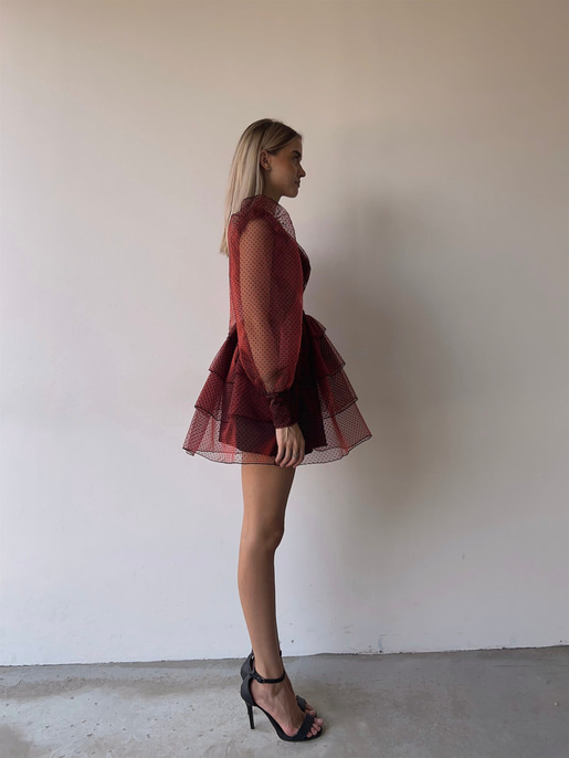 Derin V yaka Uzun Balon Kol Puantiyeli Galena Kadın Bordo Tül Elbise 23K000079