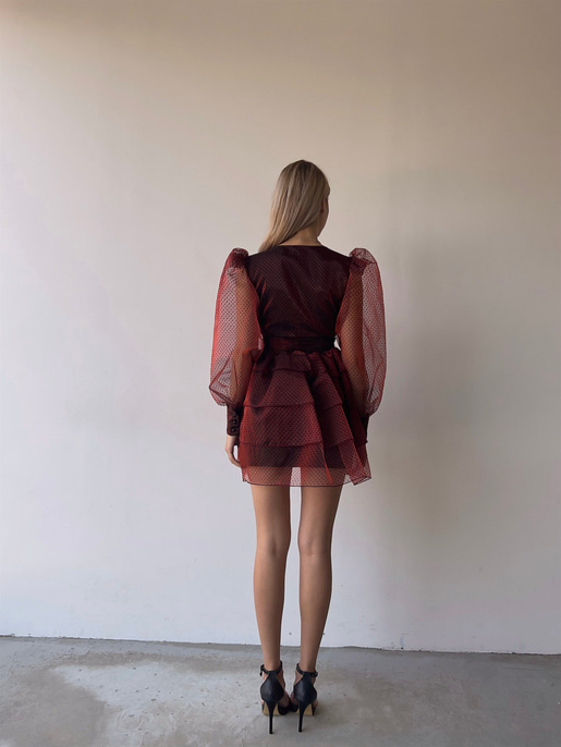 Derin V yaka Uzun Balon Kol Puantiyeli Galena Kadın Bordo Tül Elbise 23K000079