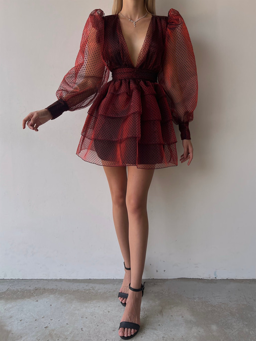 Derin V yaka Uzun Balon Kol Puantiyeli Galena Kadın Bordo Tül Elbise 23K000079