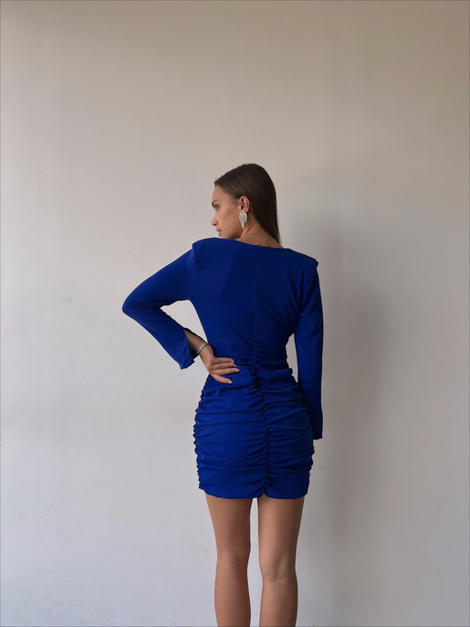 Derin V Yaka Uzun Kol Drapeli Aroline Kadın Saks Mini Elbise 23K000042