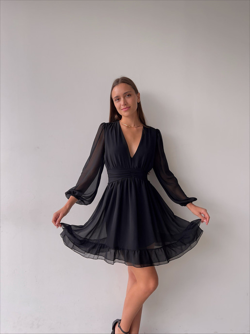 Derin V Yaka Uzun Tül Kol Eteği Fırfırlı Zia Kadın Siyah Mini Elbise 23K000111