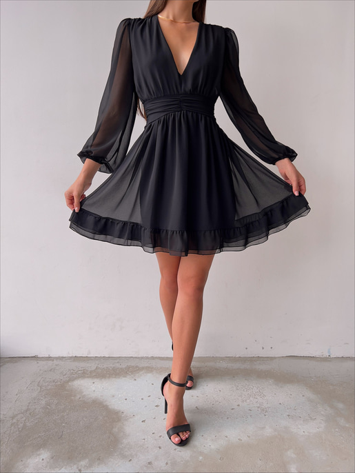 Derin V Yaka Uzun Tül Kol Eteği Fırfırlı Zia Kadın Siyah Mini Elbise 23K000111
