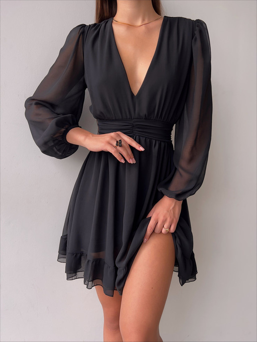 Derin V Yaka Uzun Tül Kol Eteği Fırfırlı Zia Kadın Siyah Mini Elbise 23K000111
