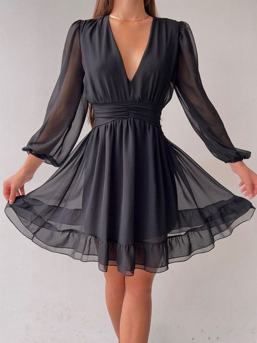 Derin V Yaka Uzun Tül Kol Eteği Fırfırlı Zia Kadın Siyah Mini Elbise 23K000111