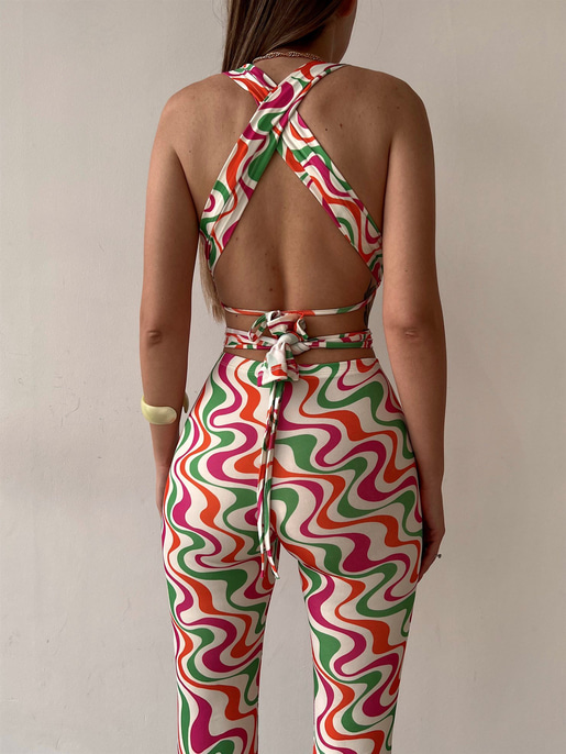 Desenli Bağcıklı Crop Büzgülü Bel Alt Hadley Kadın Beyaz İkili Takım 22Y000081