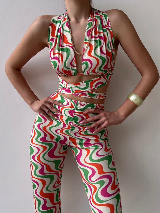 Desenli Bağcıklı Crop Büzgülü Bel Alt Hadley Kadın Beyaz İkili Takım 22Y000081