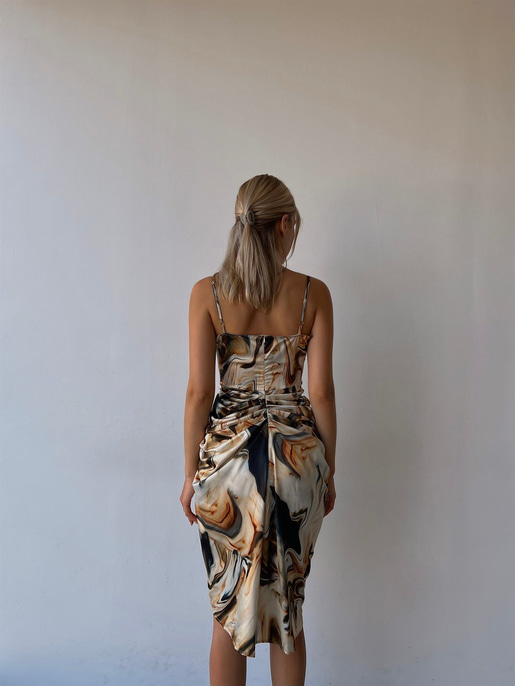 Desenli İnce Askı Drapeli Yandan Yırtmaçlı Ginevra Kadın Renkli Elbise 22Y000491